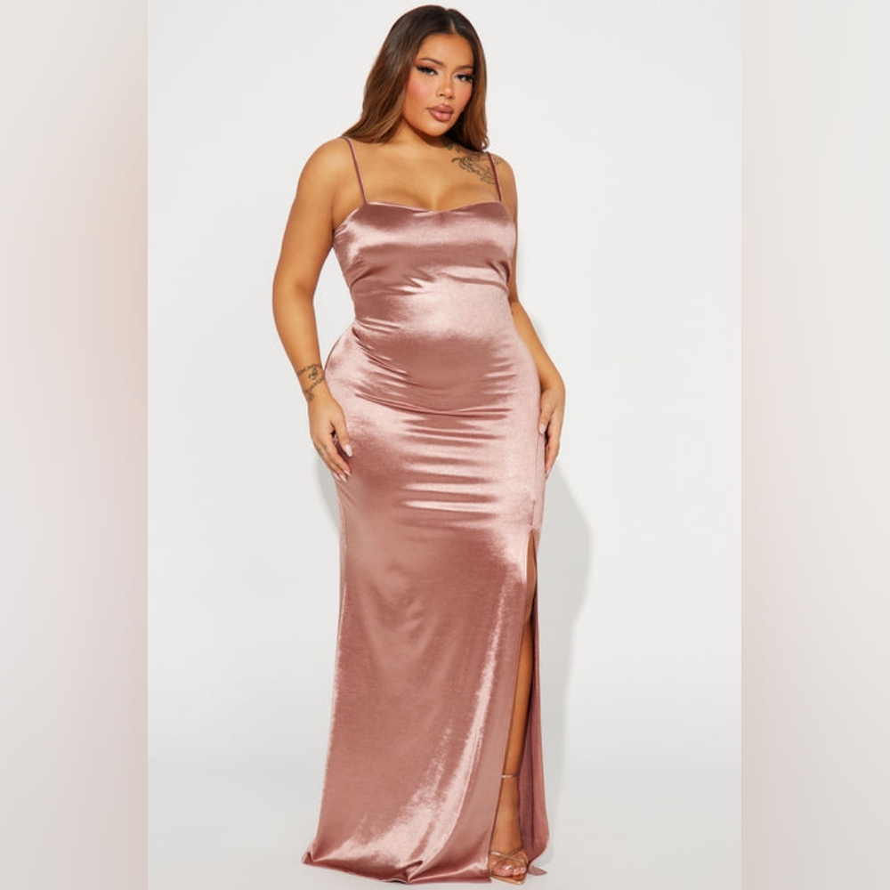 Fashion Nova- Kyra Satin Gown - Mocha Size 1X